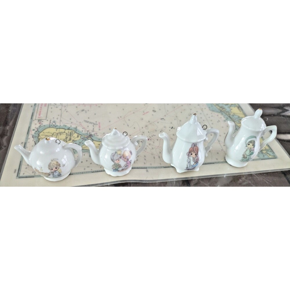Vintage Precious Moments Miniature Teapot Ornaments - Set of 4 Christmas Tea